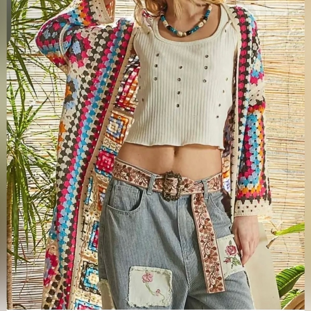 POL Multicolor Granny Square Crochet Kimono Cardigan Boho Festival Duster NWT - Picture 3 of 9